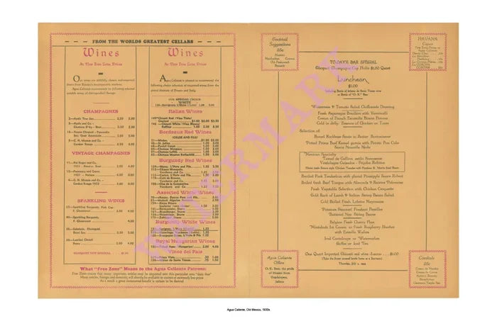 Agua Caliente Tijuana Mexico 1934 Vintage Americana Menus