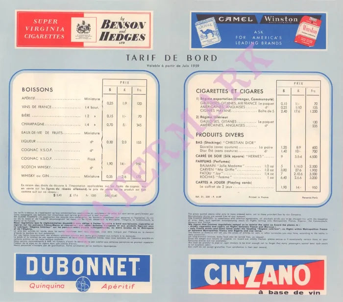 Air France, In-Flight Menu 1959