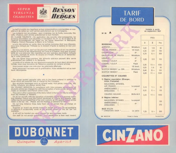Air France In-flight Menu, 1957