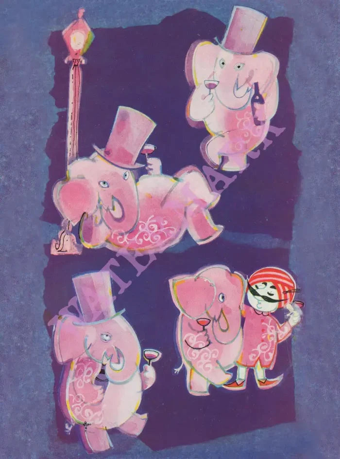 Air India, Pink Elephants Drinks Menu 1967 Menu Art