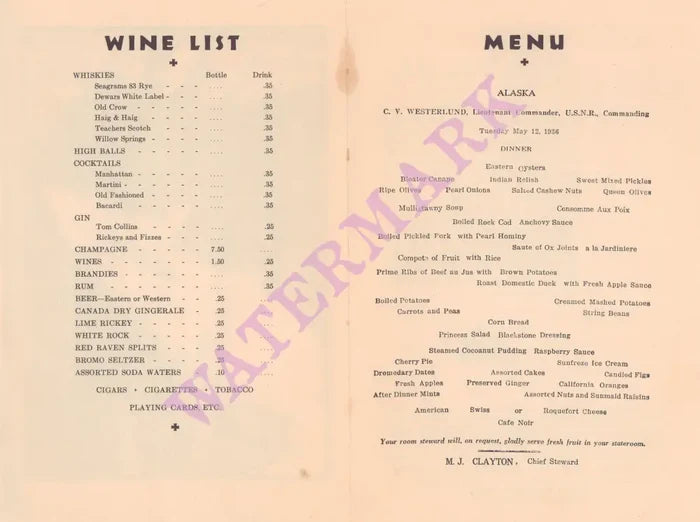 Alaska Steamship Company, The Inside Passage, 1936 Menu
