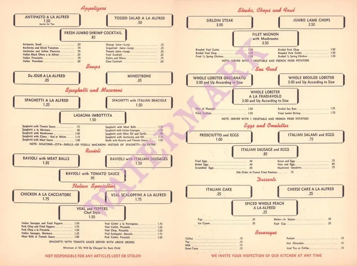 Alfred's, Atlantic City 1960s Menu