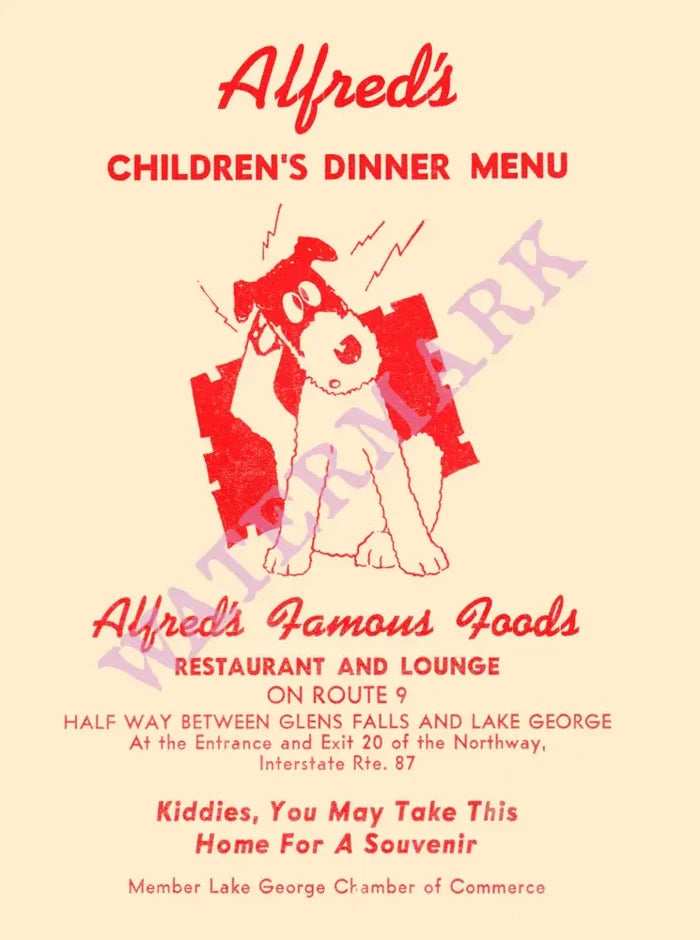 Alfred's Children's Dinner Menu, Lake George NY 1970s Menu Art