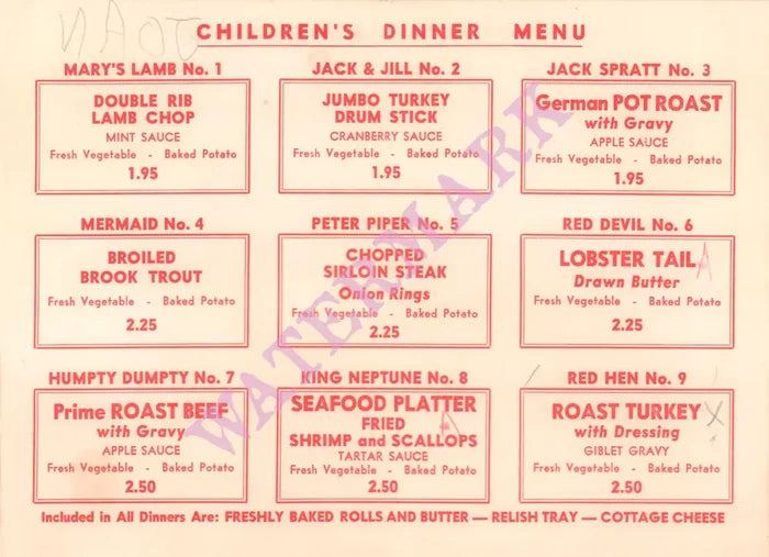 Alfred's Children's Dinner Menu, Lake George NY 1970s