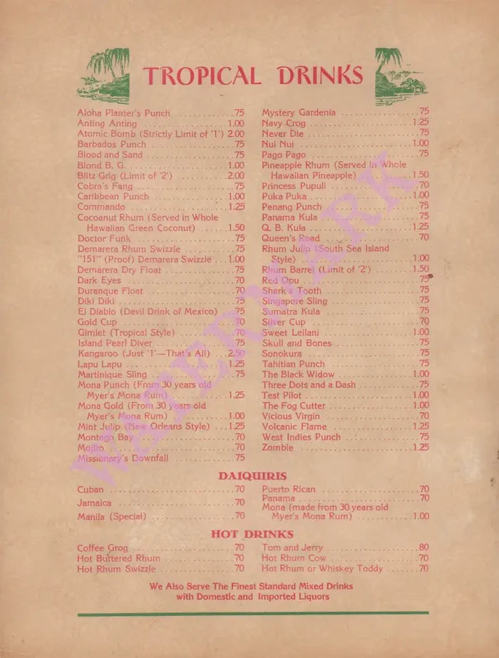 Aloha, Burbank 1960s Drinks menu