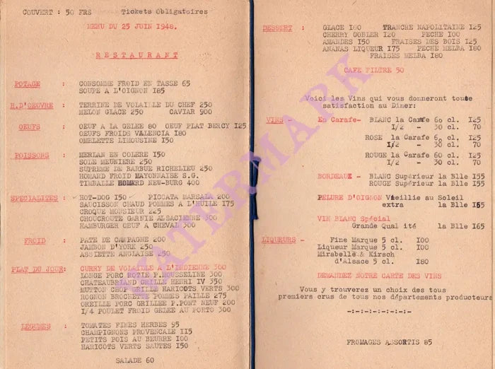 Aux Pierrots, Paris 1948 Menu