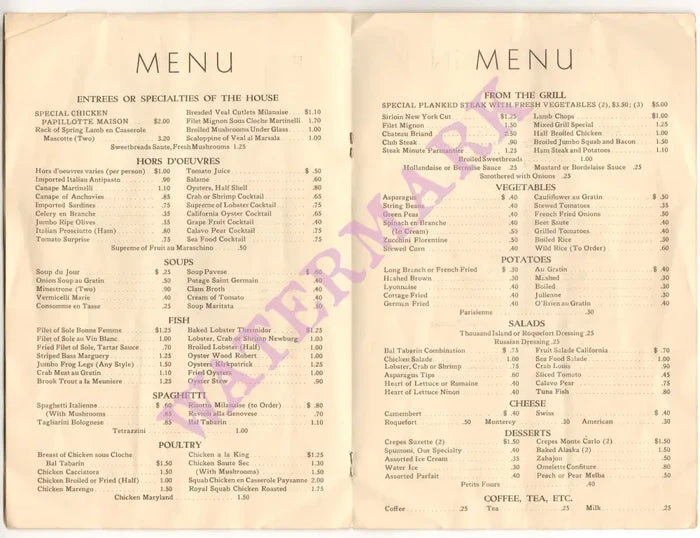 Bal Tabarin, San Francisco 1930s Menu
