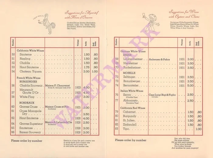 Bal Tabarin San Francisco Wine List 1930s Posters Prints & Visual Artwork