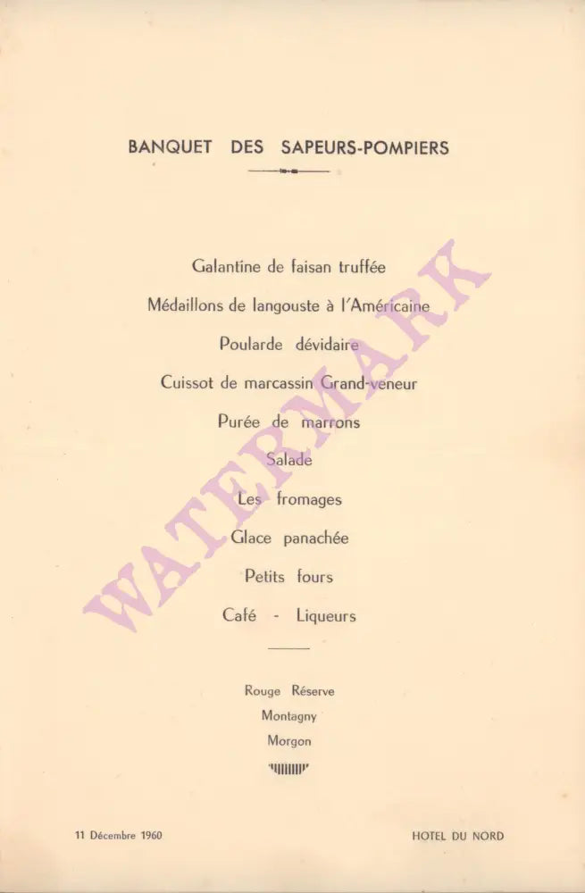 Banquet Des Sapeurs-Pompiers Paris 1960 VIntage French Menus