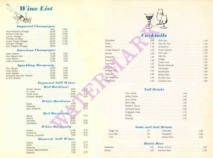 Basin Street East, New York 1966 Drinks Menu