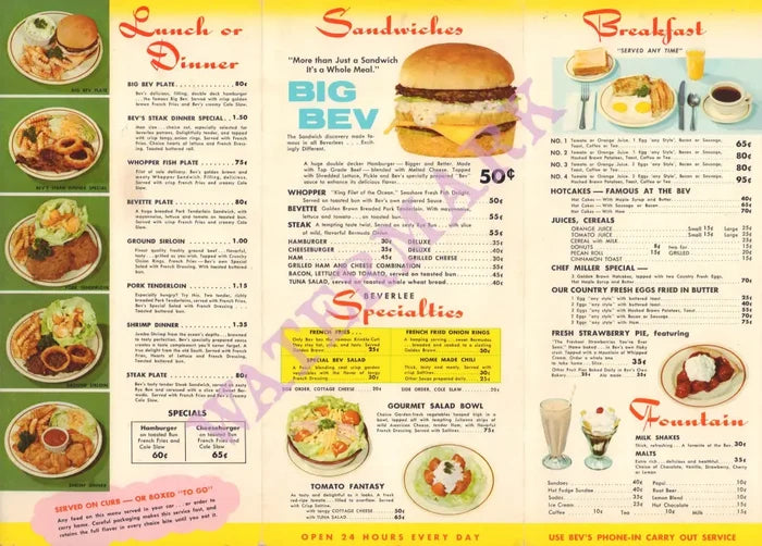 Beverlee, Ohio 1960s Menu