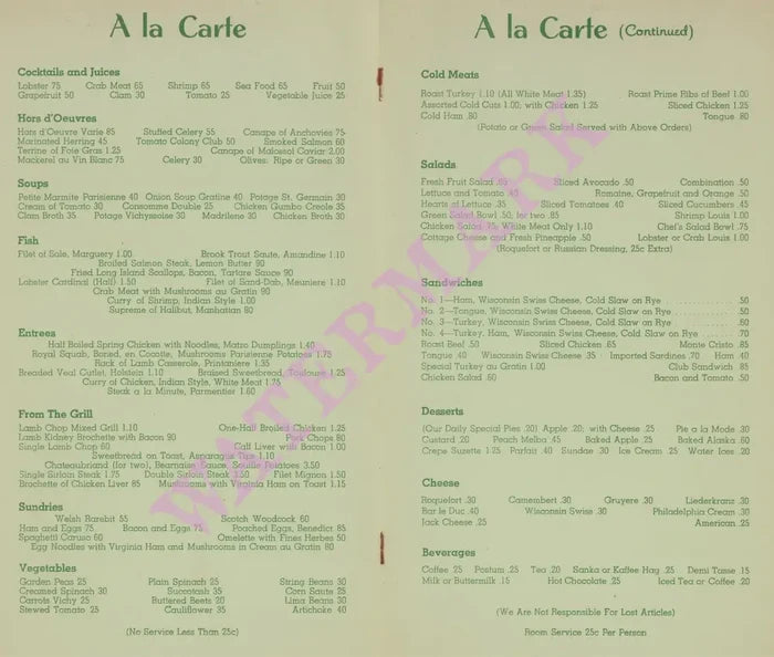 Beverly Hills Hotel, Los Angeles 1940s Menu