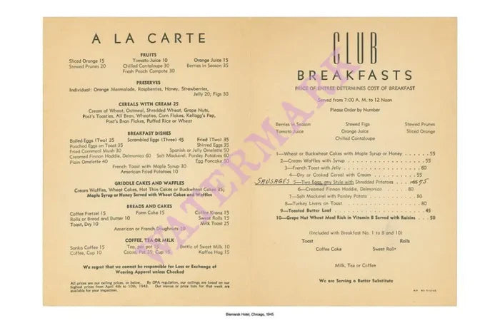 Bismarck Hotel Chicago Breakfast menu 1945