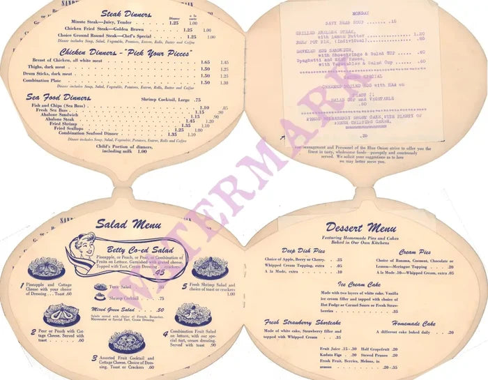 Blue Onion, Santa Barbara 1950s Menu