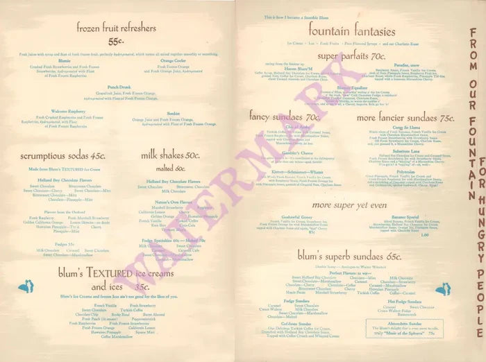 Blum's, San Francisco 1950s Menu