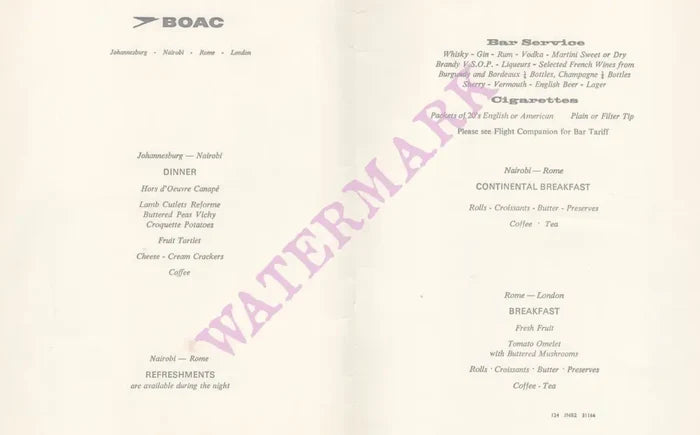 BOAC Johannesburg - Nairobi - Rome - London 1967 inflight menu