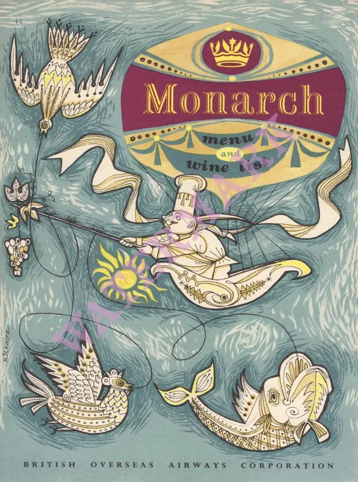 BOAC Monarch Service Menu & Wine List 1950s Menu Art