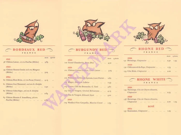 Bohemia Club, San Francisco 1940s Wine List owls