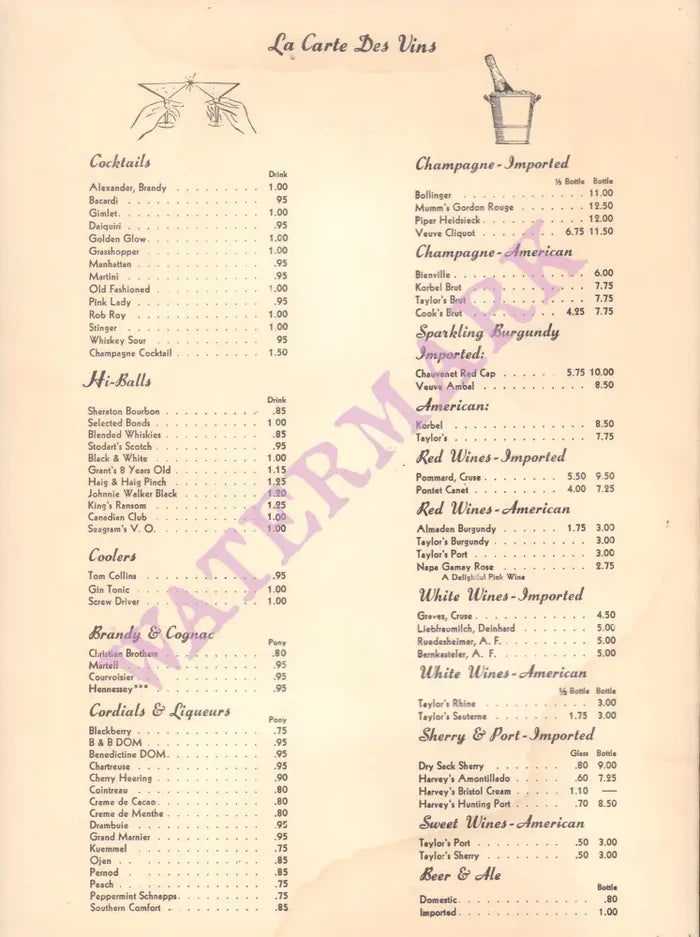 Boulevard Room, Jefferson Hotel St Louis 1960s Wine List