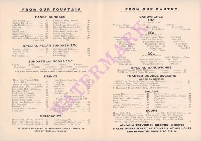 Boyce's Des Moines 1930s/40s Menu