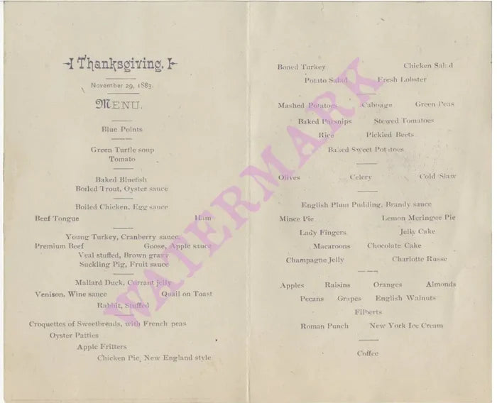 Briggs House Hotel, Chicago 1883 Thanksgiving Menu