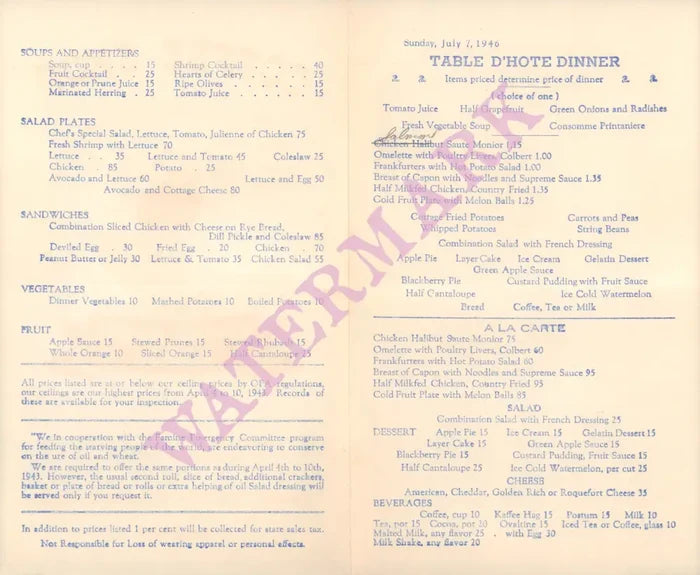 Bright Angel Lodge, Arizona 1946 Menu