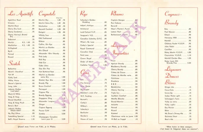 Bruno, Montreal 1950s | Vintage Menu Art - cocktail menu