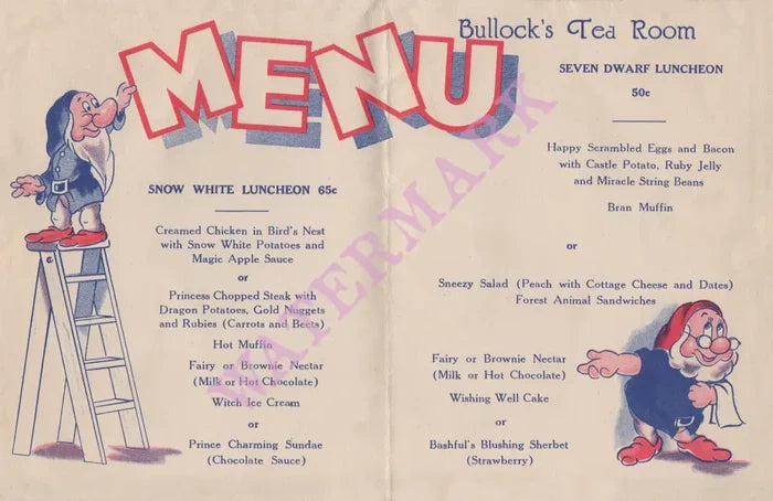 Bullock's Tea Room, Take A Bite With Snow White, 1938 Los Angeles Menu
