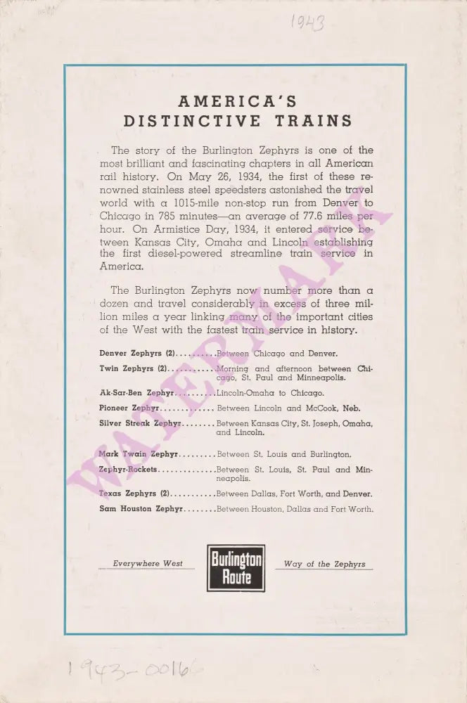 Burlington Zephyr, 1943 Menu