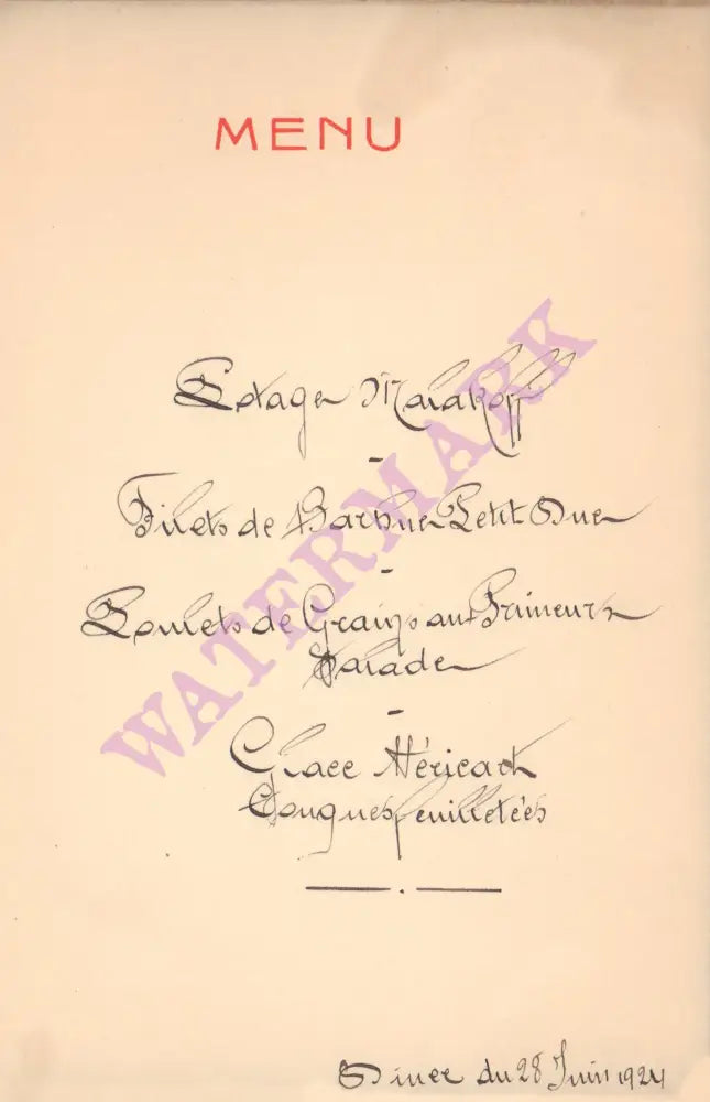 Cafe de Paris, Armenonville, France 1924 Menu