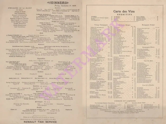 Café Lafayette (Cars) , New York 1909 Menu and wine list