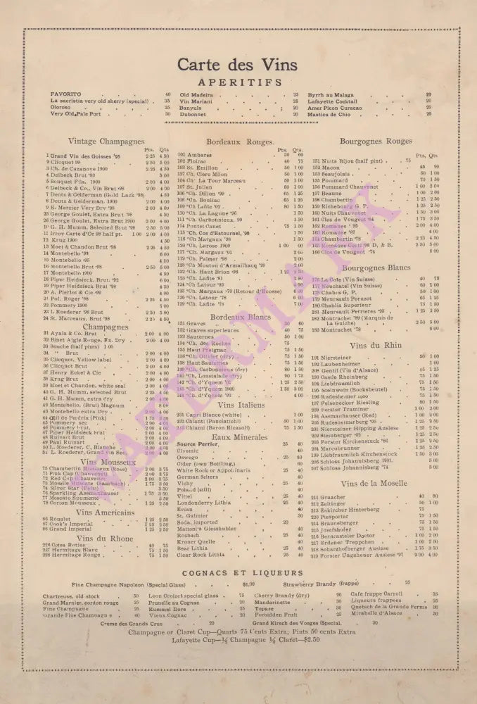 Café Lafayette, New York September 1907 Wine List