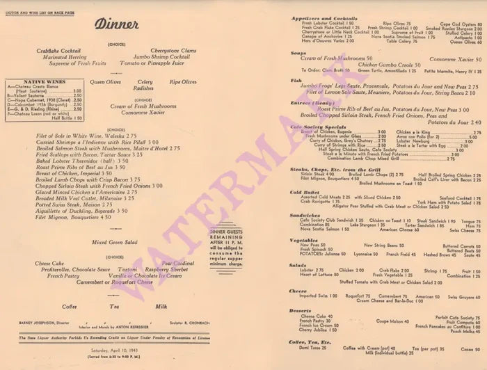 Cafe Society, Upper East Side New York 1943 Menu