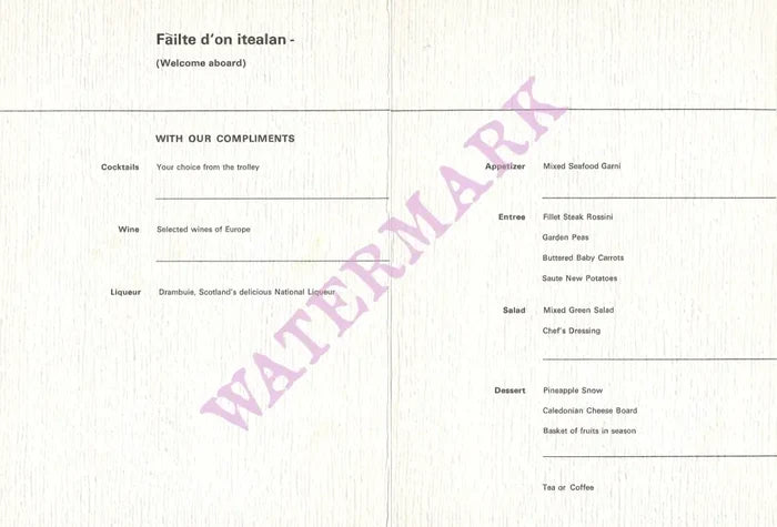 Caledonian Airways In-flight Menu 1960s Vintage Americana Menus