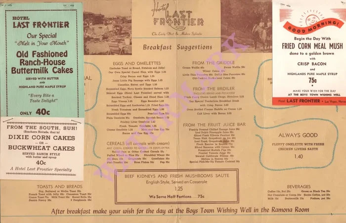 Canary Room, Hotel Last Frontier Las Vegas 1940s Menu