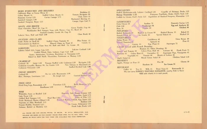 Cap Cod Room, Drake Hotel Chicago 1945 Menu
