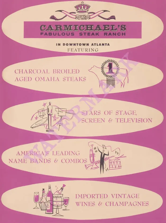 Carmichael's Fabulous Steak Ranch, Atlanta 1960s Menu Design
