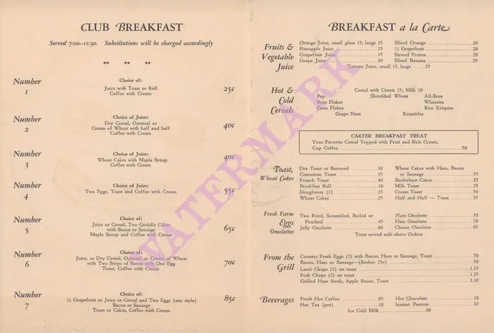 Carter Hotel, Hastings Nebraska 1940s  menu