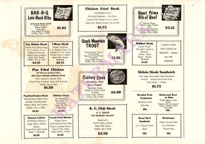 Cat and Fiddle, Springfield MO 1950s Menu