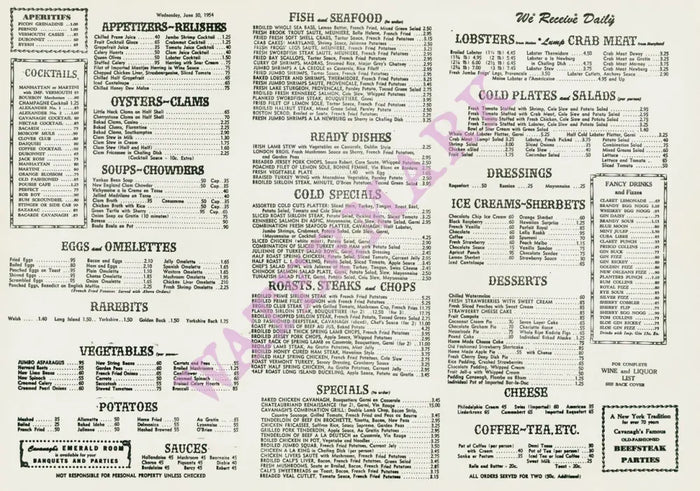 Cavanagh's, New York, 1954 Menu
