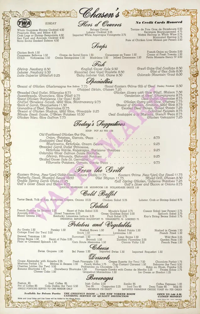 Chasen's, Hollywood 1980s Menu