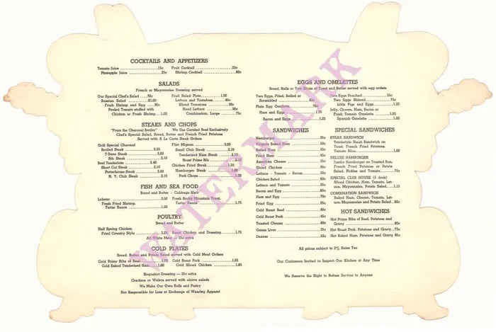 Chez Jay, Estes Park, Colorado 1950s Menu