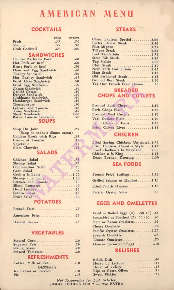 China Lantern, Beaverton 1950s American Menu