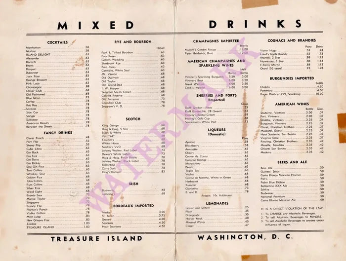 Chinese Treasure Island, Washington D.C. 1940s Drinks List