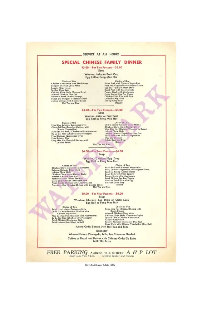 Chin’s Red Dragon Buffalo 1950s Vintage Americana Menus