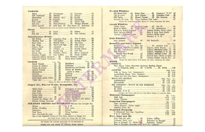 Chin’s Wine List New York 1937 Vintage Americana Menus