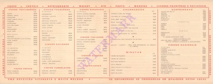 Churrascaria Gaúcha, Rio de Janeiro, 1959 Menu