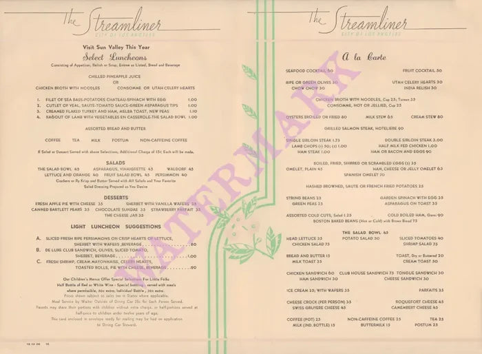 City of Los Angeles The Streamliner 1938 Menu