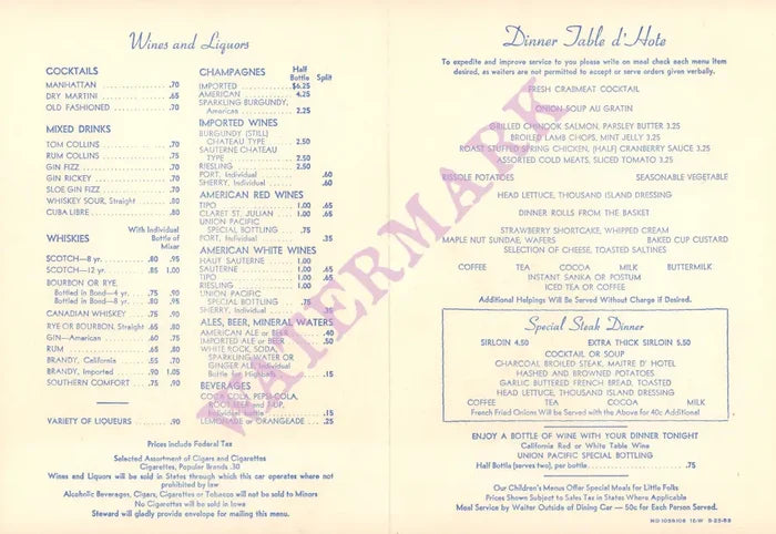 City of Portland Streamliner 1953 Menu