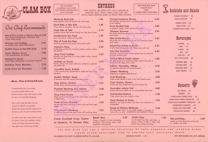 Clam Box, Carmel-by-the-Sea, 1960s/70s Menu